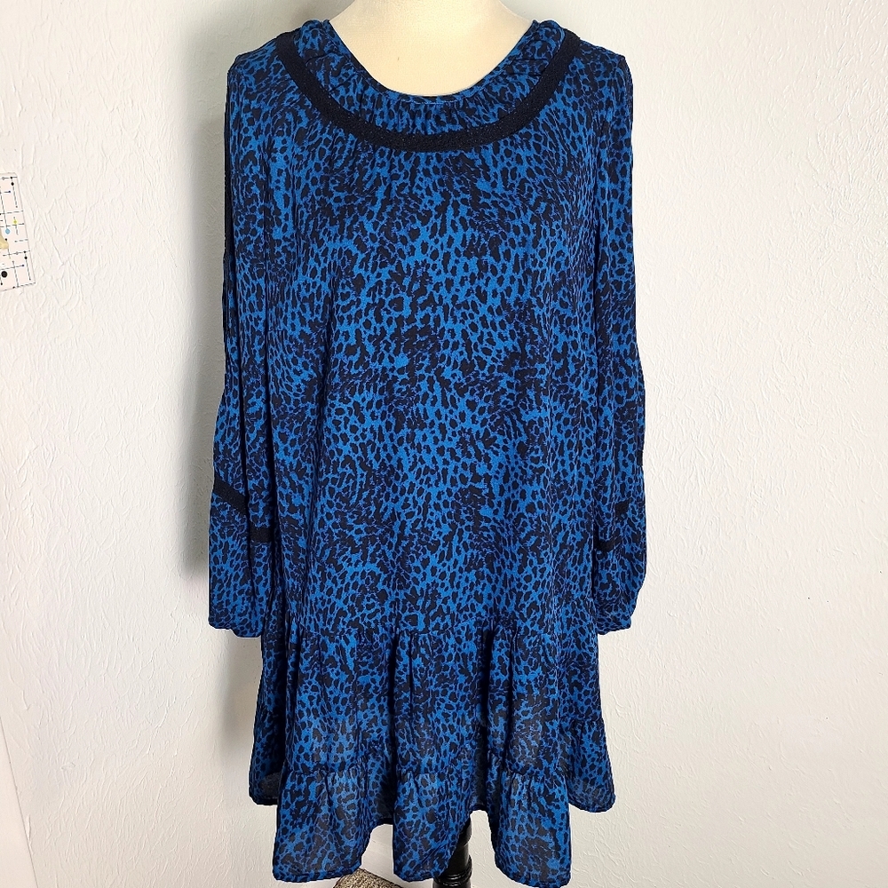 Time & Tru Blue & Black Leopard Print Dress, Black Embroidered Accents Sz Large